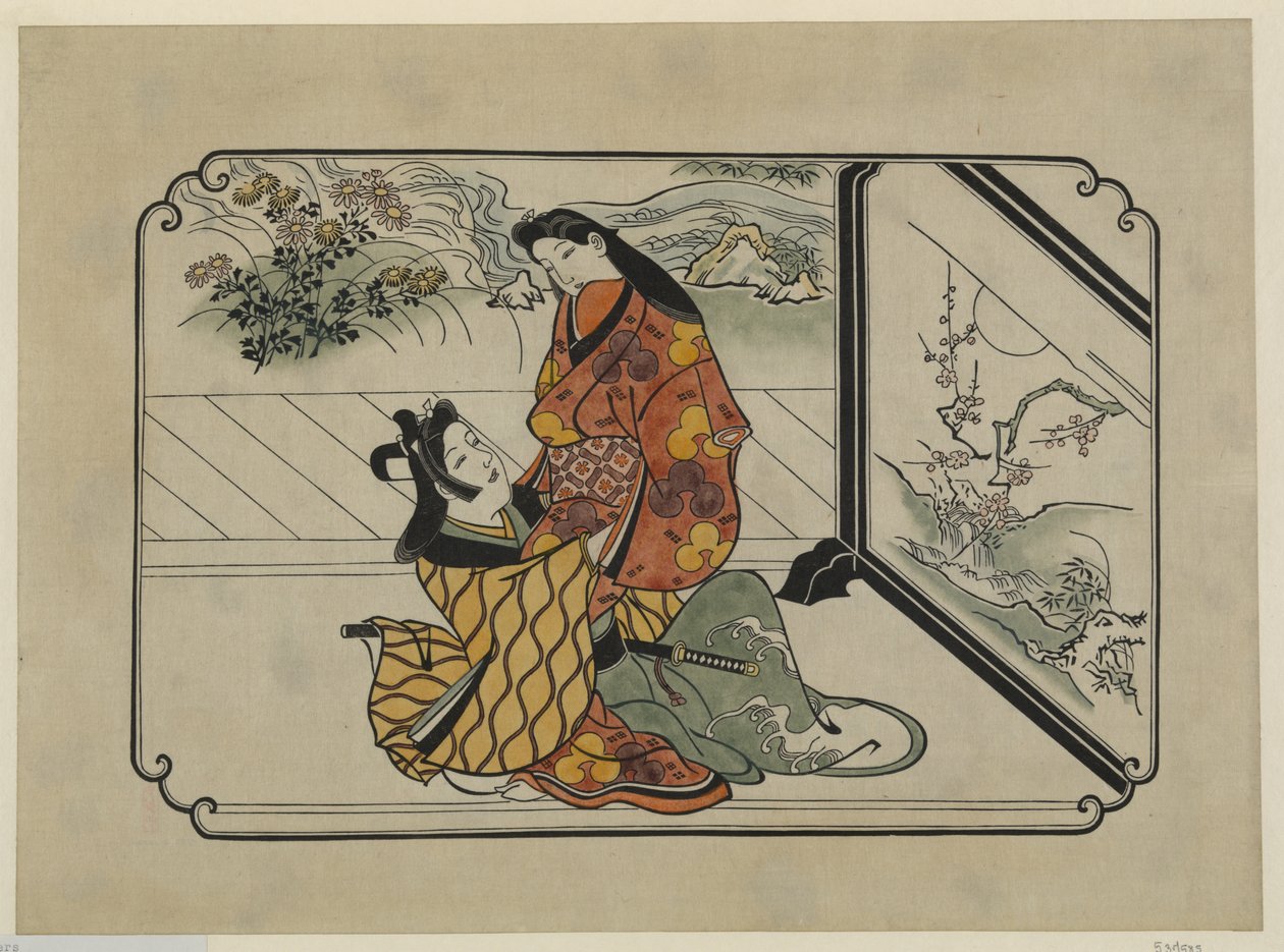 Håndfarvet ukiyo-e print To elskere omfavner foran en malet skærm af Hishikawa Moronobu