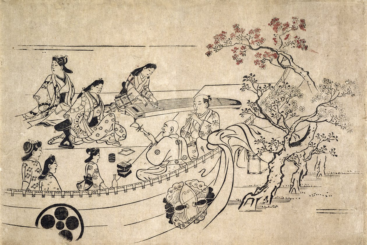Musik under kirsebærtræet ved Ueno, ca. 1680 (træbloktryk) af Hishikawa Moronobu