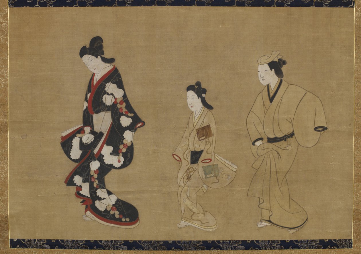 Prostitueret, Kamuro og Wakashu, ca. 1695 (blæk og farve på silke) af Moronobu Hishikawa