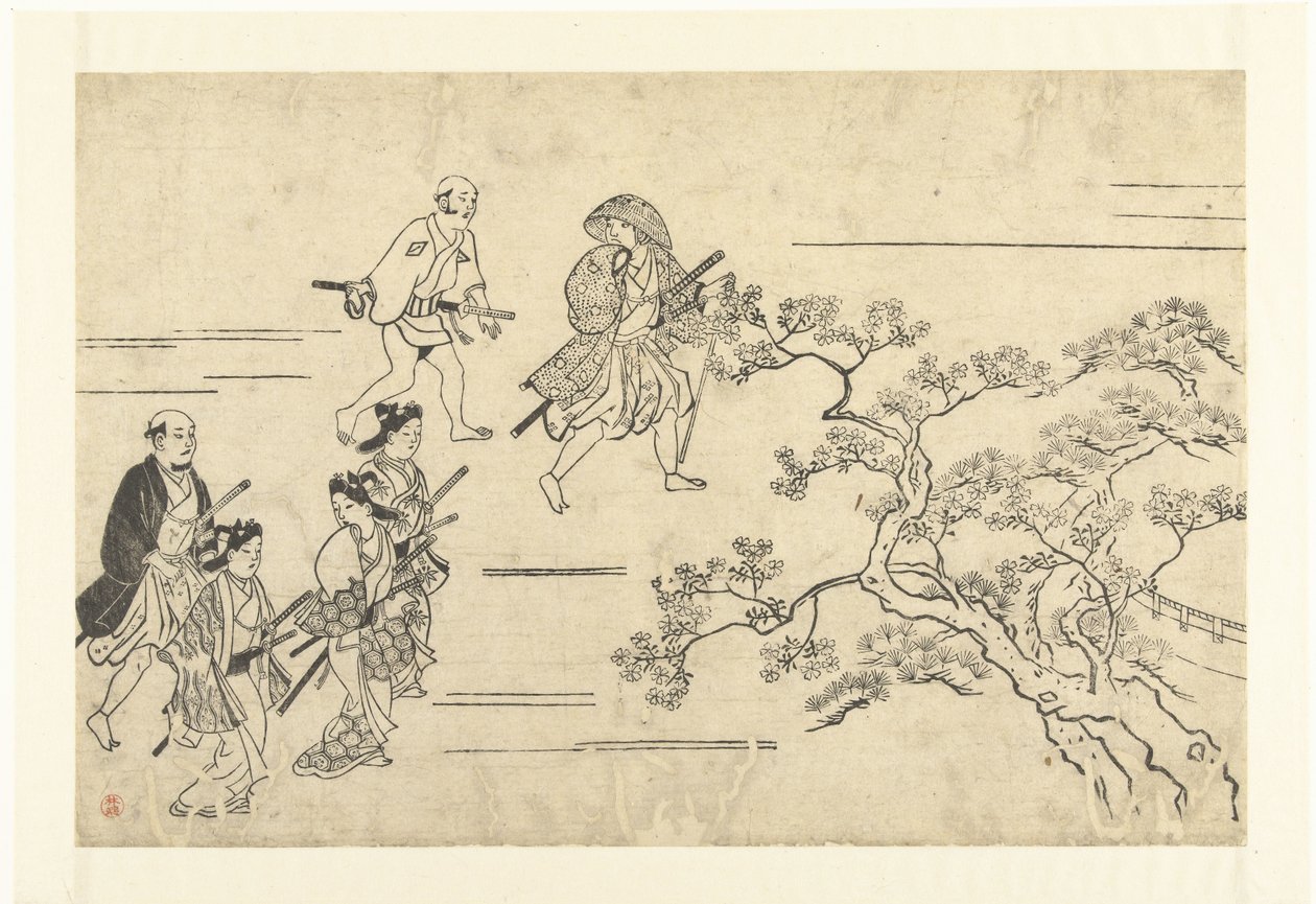 Fem adelsmænd og en tjener på vej til picnic At se Cherry Blossoms in Ueno (serietitel) Ueno hanami no tei (serietitel) af Hishikawa Moronobu (attributed to)
