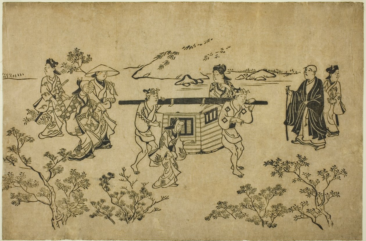 A Passing Palanquin, fra serien "Scenes of Flower-viewing at Ueno (Ueno hanami no tei)" af Hishikawa Moronobu