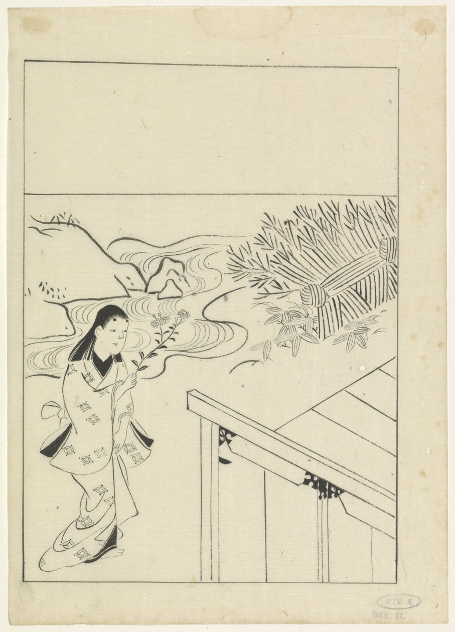 Landskab med en kvinde med en gren blomster i hånden af Hishikawa Moronobu