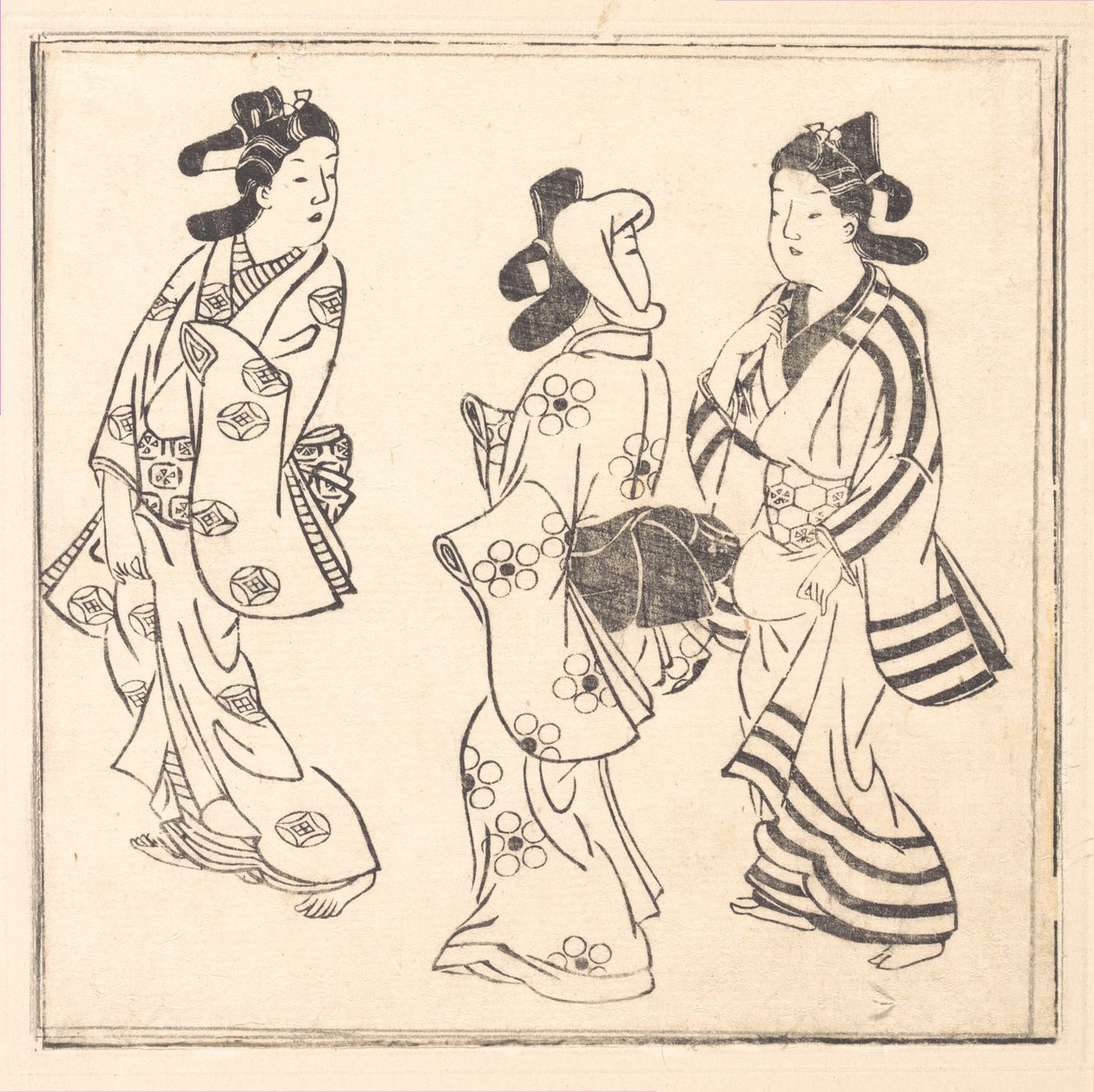 Blad fra en bog med titlen: Wakoku Hiaku-jo: Hundrede japanske kvinder af Hishikawa Moronobu