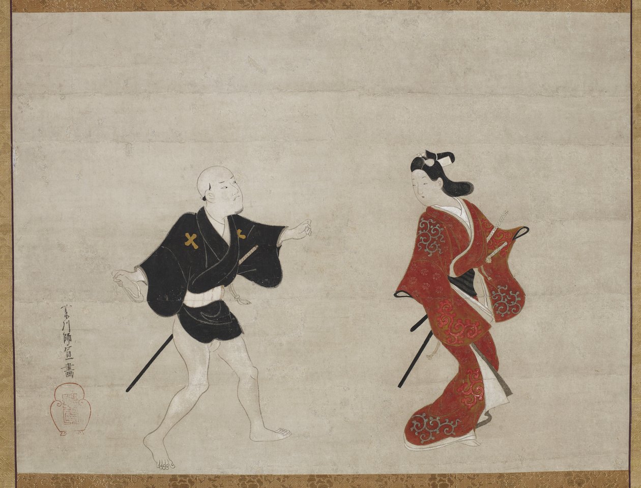 Nikuhitsu ukiyo-e: Ung Samurai og en Tjener som Mitate af Huanshigong og Zhang Lian, ca. 1690 af Hishikawa Moronobu