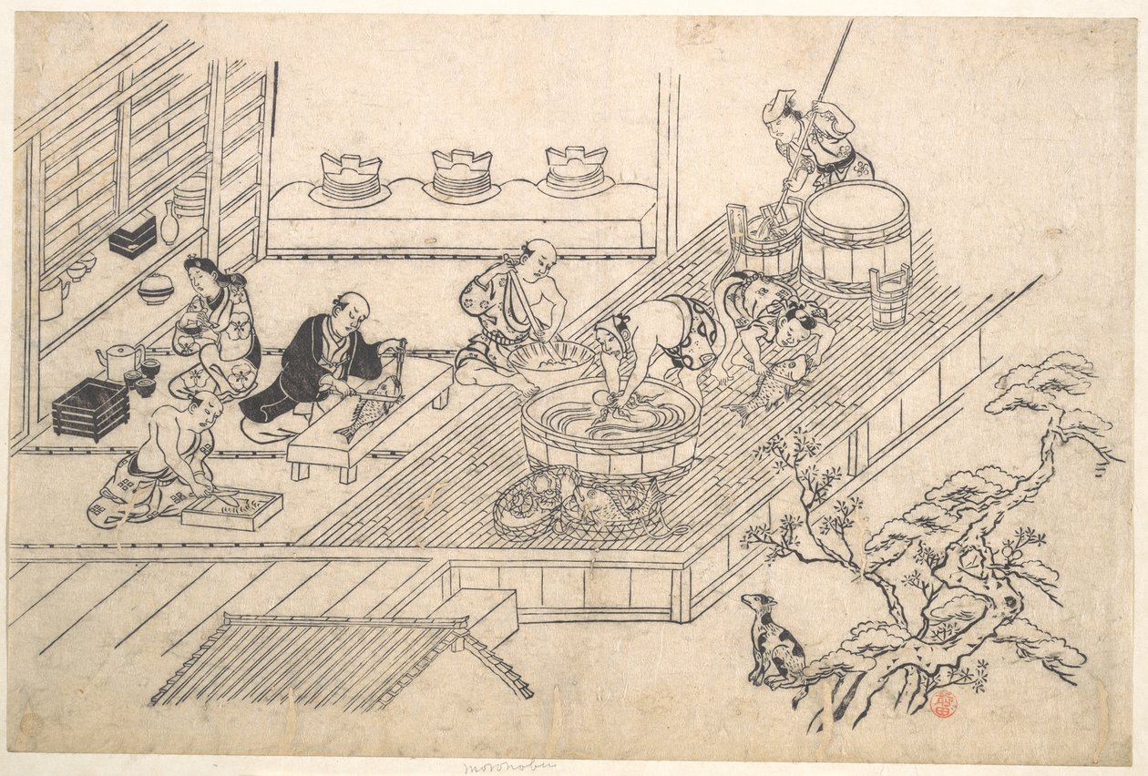 Køkkenet i en Joroya af Hishikawa Moronobu