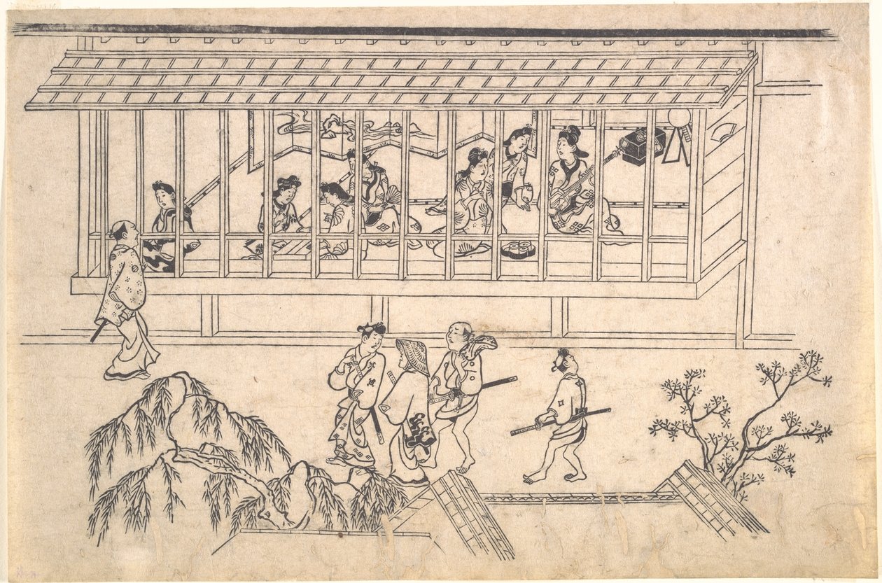 Den sjette scene fra scener i forlystelseskvarteret Yoshiwara i Edo af Hishikawa Moronobu