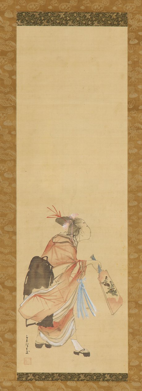 Pige spiller battledore og fjerbold, 1615-1868. af Hishikawa Sori