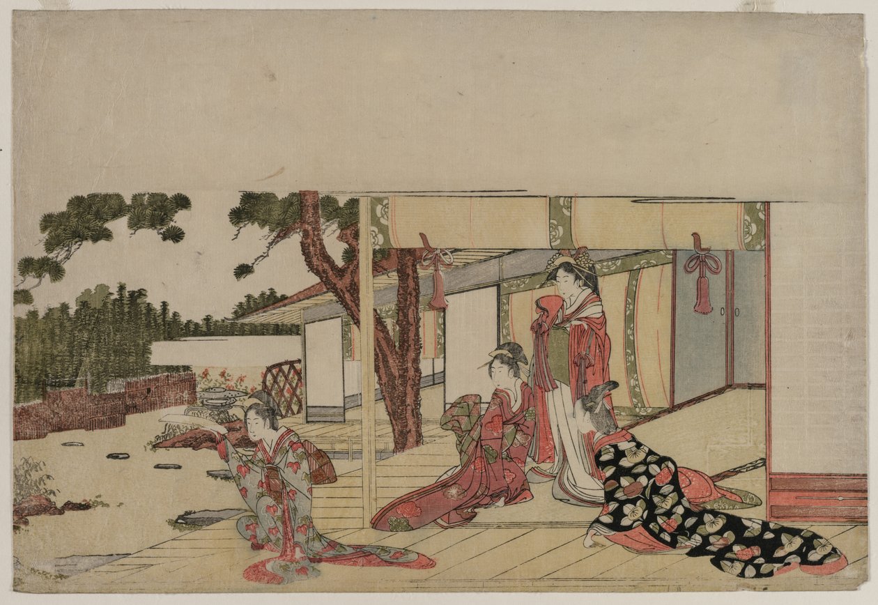 Kvinder på en veranda, ca. 1800. af Hishikawa Sori III