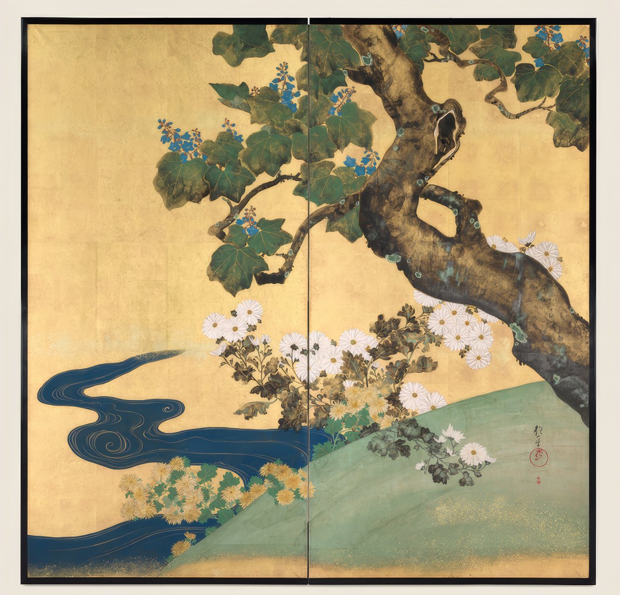 Paulownias og krysantemum (blåklokketræer og krysantemum) af Hōitsu Sakai