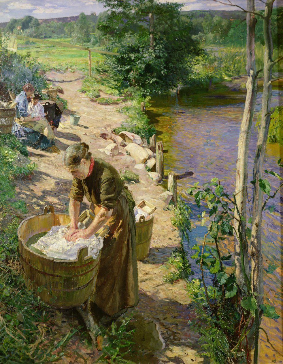 Vask ved floden, Sandvika (olie på lærred) af Hjalmer Eilif Emanuel Peterssen