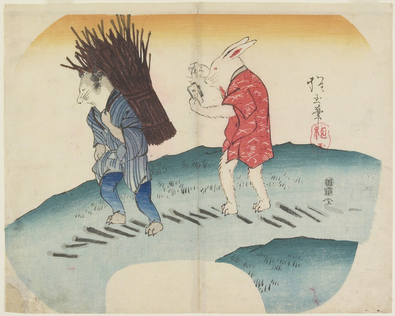 (Kanin sætter ild på brændet båret af vaskebjørn), 1835 af Hogyoku