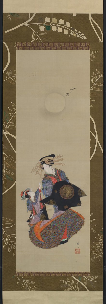 Beauty of the Yoshiwara med Apprentice in Moonlight, 1800-tallet. af Hokuba