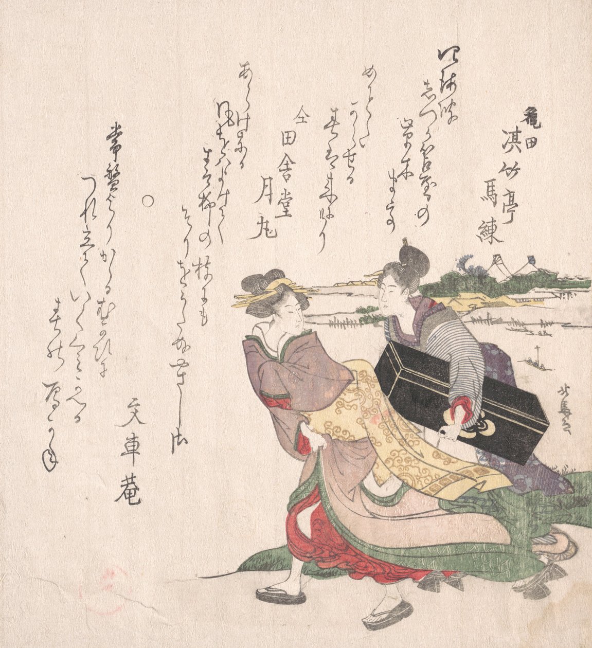 Geisha-pige skynder sig med en tjenestepige, der bærer en Shamisen-kasse. af Hokuba