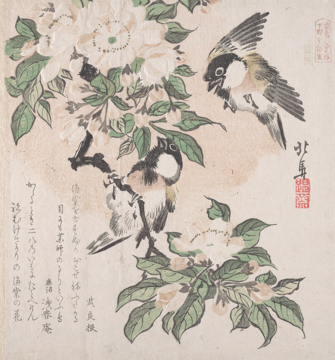Spring Rain Collection Harusame shu, vol. 3: Sumpmejser og krabbeæbleblomster, ca. ..., ca. 1820. af Hokuba