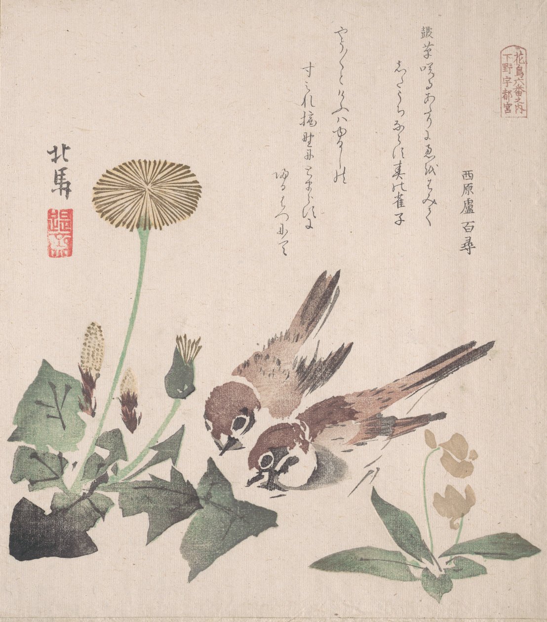 Spring Rain Collection Harusame shu, vol. 3: Spurve og mælkebøtter, ca. 1820., ca. 1820. af Hokuba