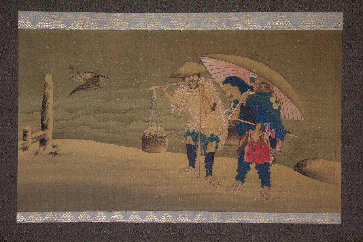 Monkey Showman og Porter in the Snow, 1800-tallet. af Hokuga