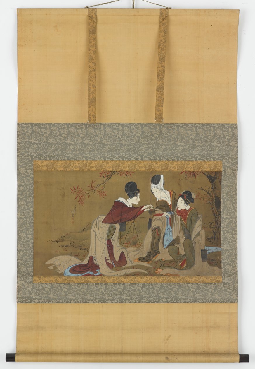 Tre shirabyoshi drikke sake opvarmet over en ild af efterårsblade, Edo periode, 1800-1850. af Hokuga