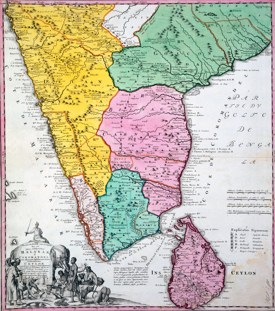 Kort over den indiske halvø, 1733 (håndfarvet gravering) af Homann Heirs Company