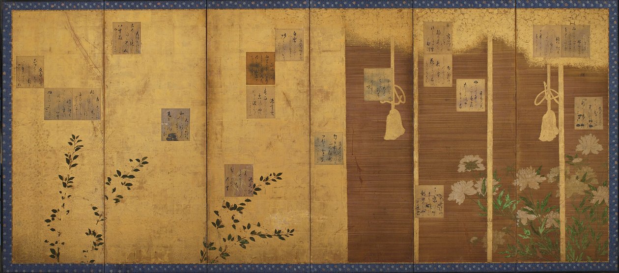 Foldeskærme monteret med digte fra antologien, Shin kokinshu, Edo-perioden, c1624-1637. af Hon