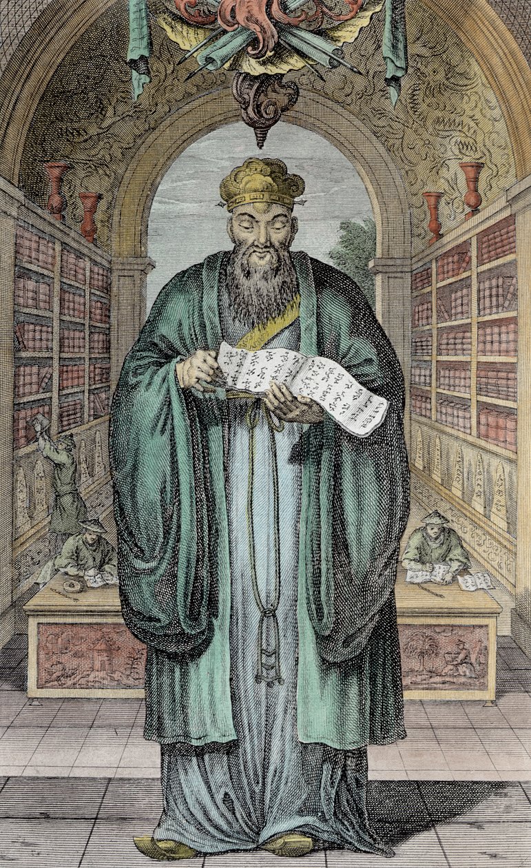 Kong-Fu-Tse, eller Confucius, Kinas mest berømte filosof, indgraveret af Henry Fletcher (fl.1729) (senere farvelægning) af Honbleau