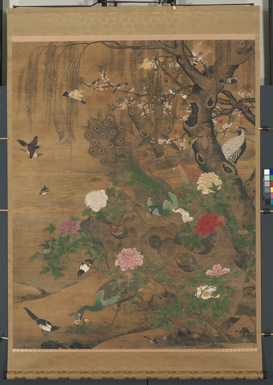 Hanging Scroll, Birds Gather under the Spring Willow, slutningen af 1400-tallet-begyndelsen af 1500 (blæk og farve på silke) af Hong Yin