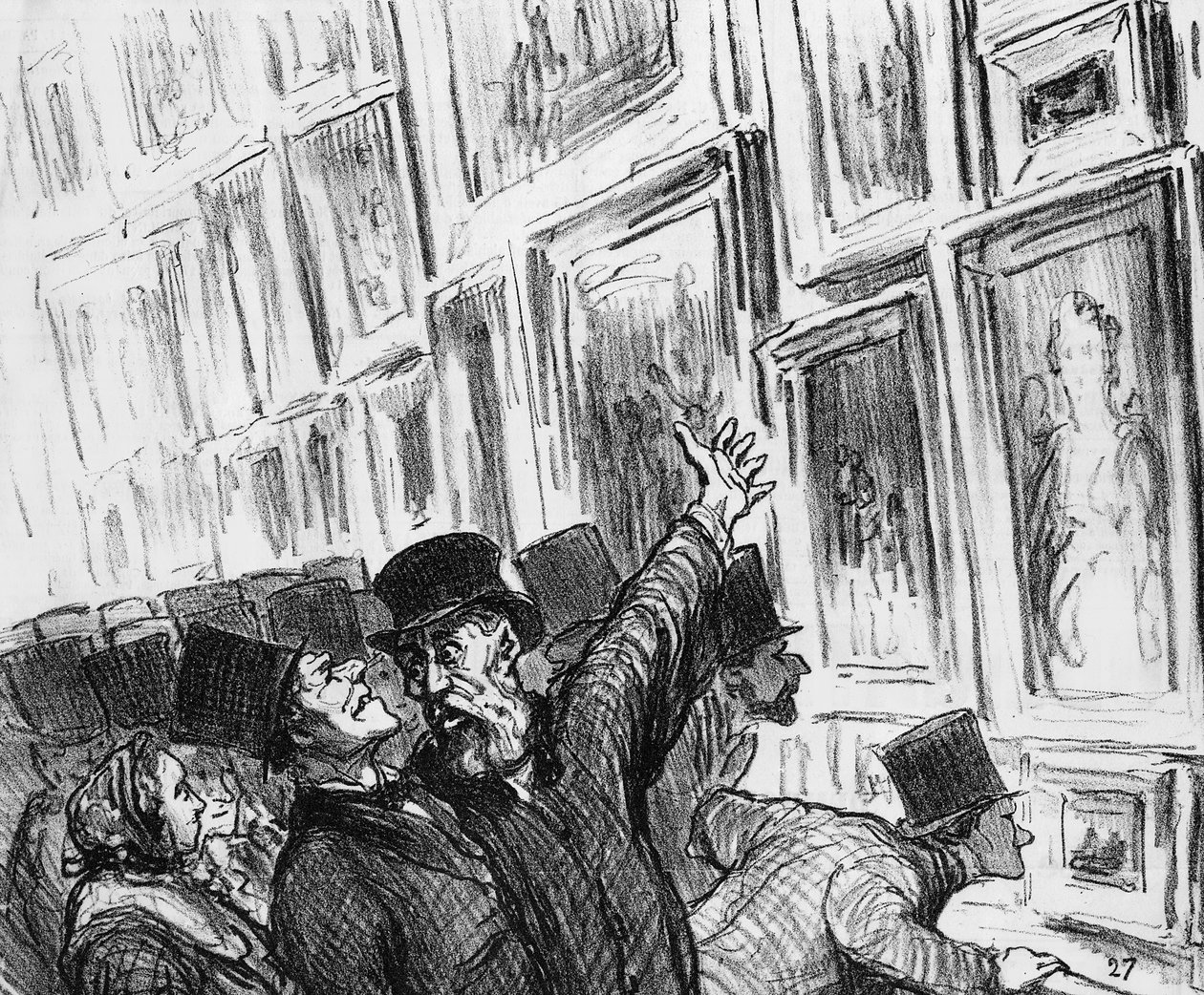 Kunstner bliver trøstet på 1859 Paris Salon over placeringen af hans arbejde i udstillingen, tegneserie fra 