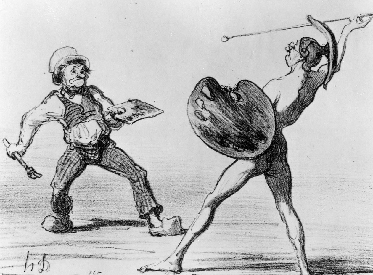 "Battle of the Schools - Idealism and Realism", illustration fra serien "Fantaisies", offentliggjort i "Charivari", 24. april 1855 af Honoré Daumier