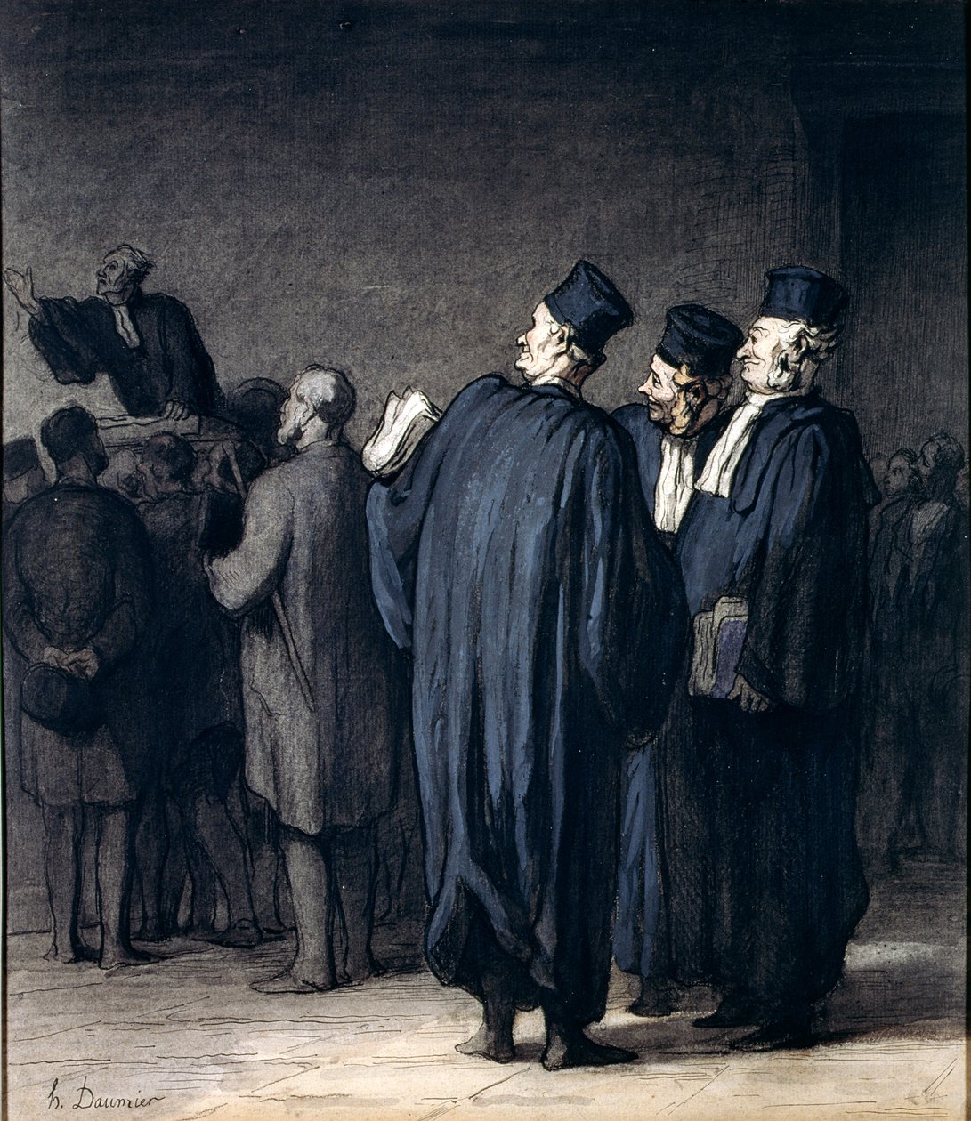 The Lawyers, 1870-75 (wc, pen og blæk og farveblyant på papir) af Honoré Daumier