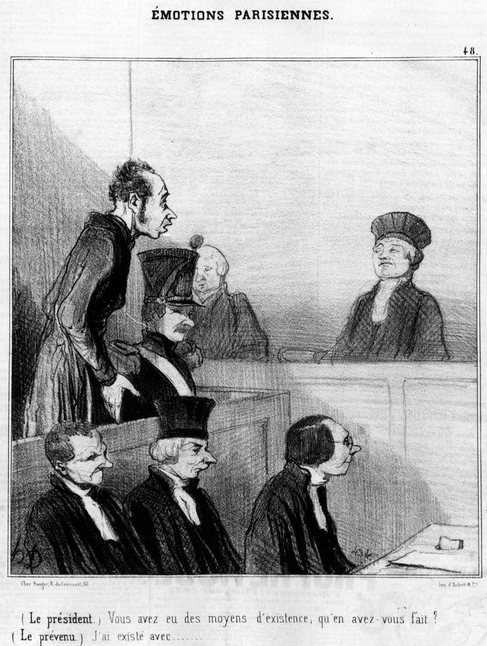 (Præsident) Du havde et levebrød, hvad gjorde du med det? (Den tiltalte) Jeg eksisterer med...,, serie af tegnefilm om parisiske følelser af Honore Daumier (1808-1879). “Charivari” af Honoré Daumier
