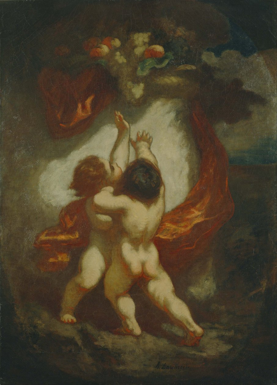 To børn slås om et stykke frugt af Honoré Daumier