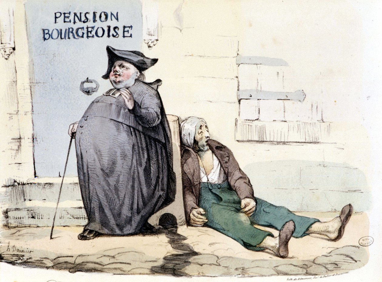 En fed og repræsentant præst ved siden af en stakkels patient, der ligger på jorden - i "La Silhouette" af Honoré Daumier