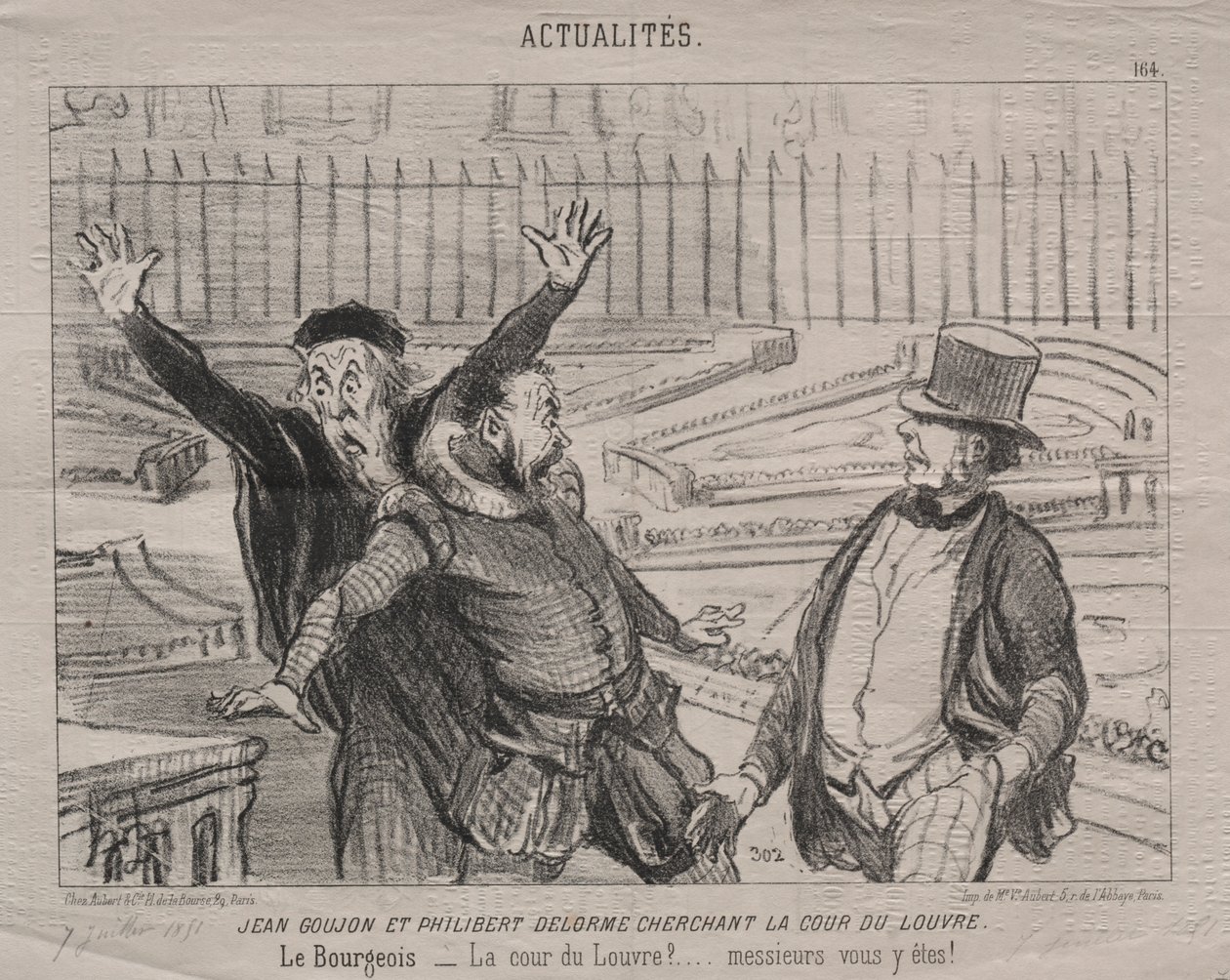 Aktualiteter (plade 164): Jean Goujon og Philibert Delorme leder efter Louvres gårdhave af Honoré Daumier
