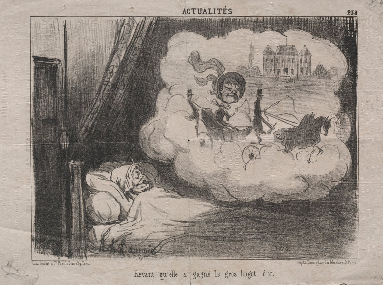 Aktualitet nr. 238: Drømmer om, at hun havde vundet mange guldbarrer, 1851. af Honoré Daumier