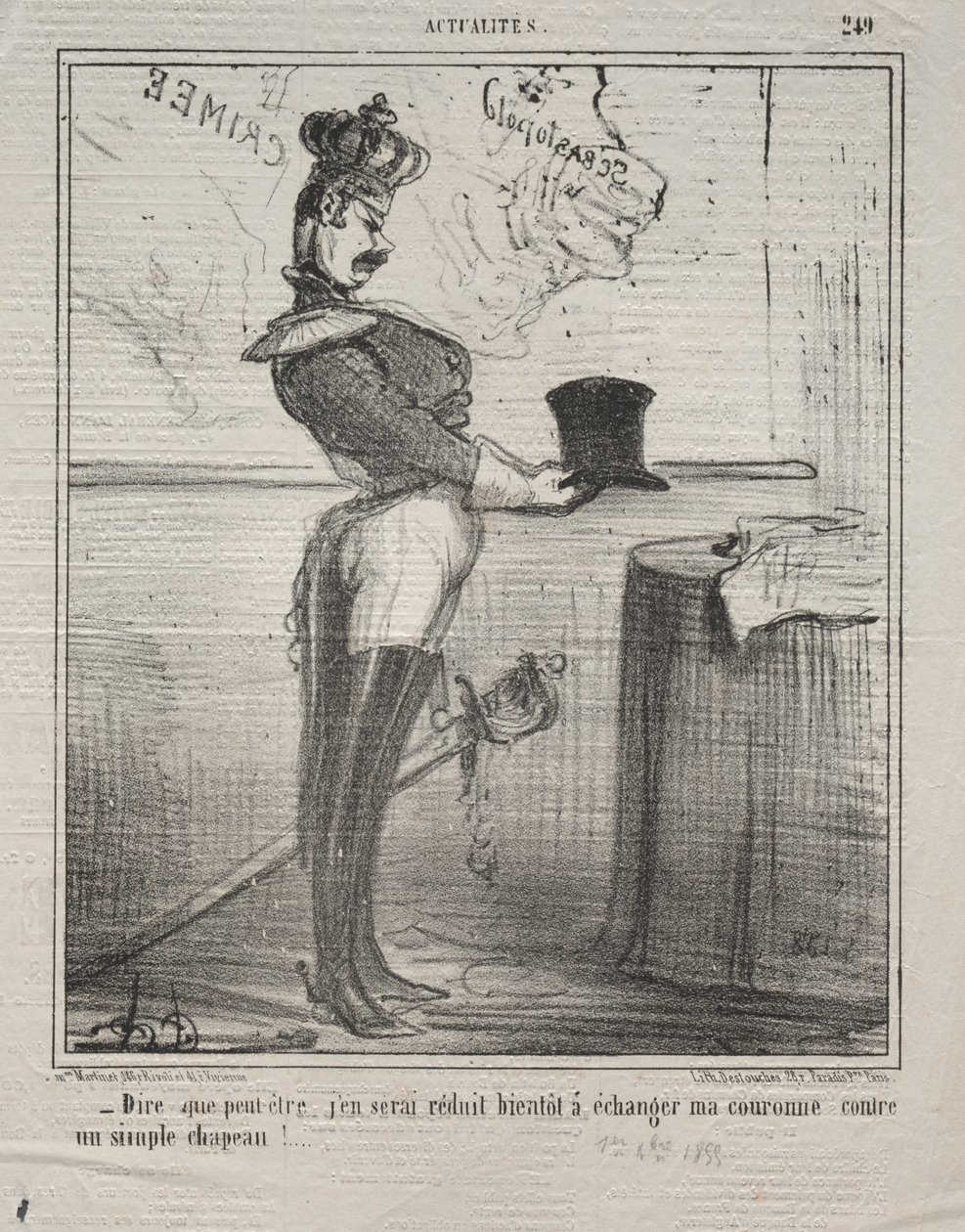 Aktualiteter nr. 249: De siger, at jeg snart vil blive reduceret til at bytte min krone..., 1855. af Honoré Daumier