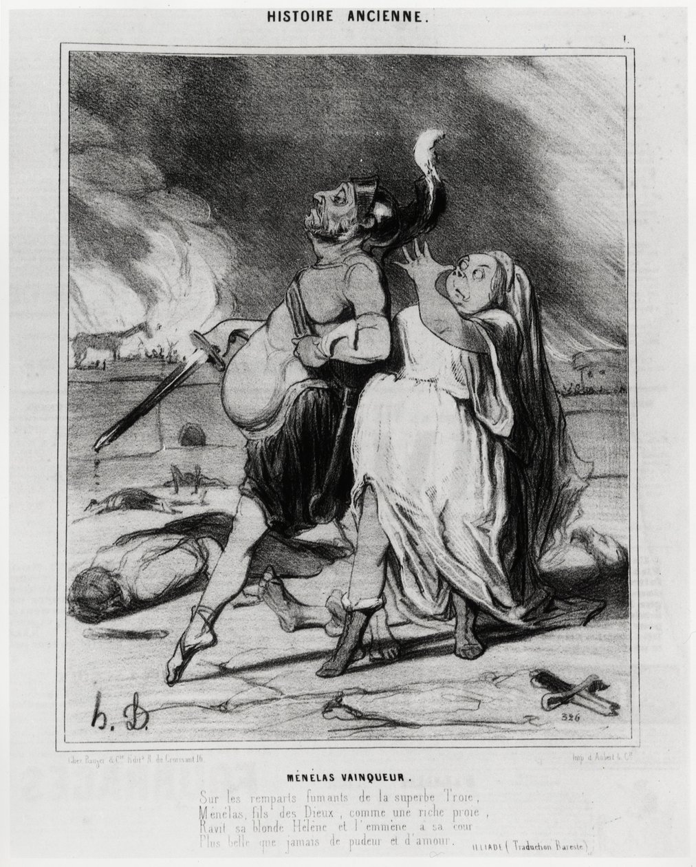Oldtidshistorie: Vinder af Menelas, karikatur til illustration af et uddrag fra Iliaden af Homere: "På de røgfyldte volde i det fantastiske Troja, Menelas, gudernes søn, henriver som et rigt bytte sin blonde Helene og fører hende til sit hof Mere smuk end  af Honoré Daumier