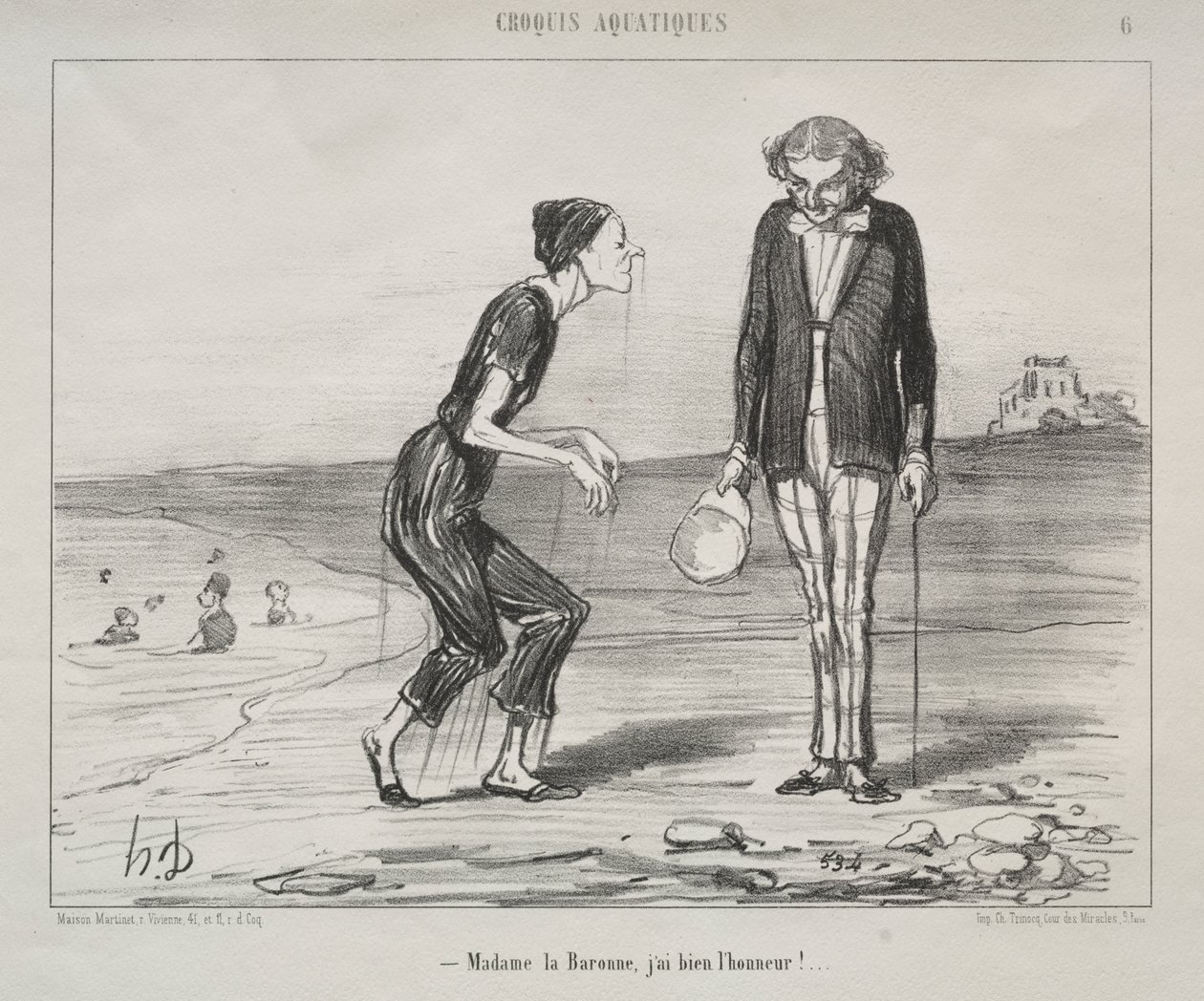 Aquatic Sketches, plade 8: Madame la Baronne, det er min ære... af Honoré Daumier
