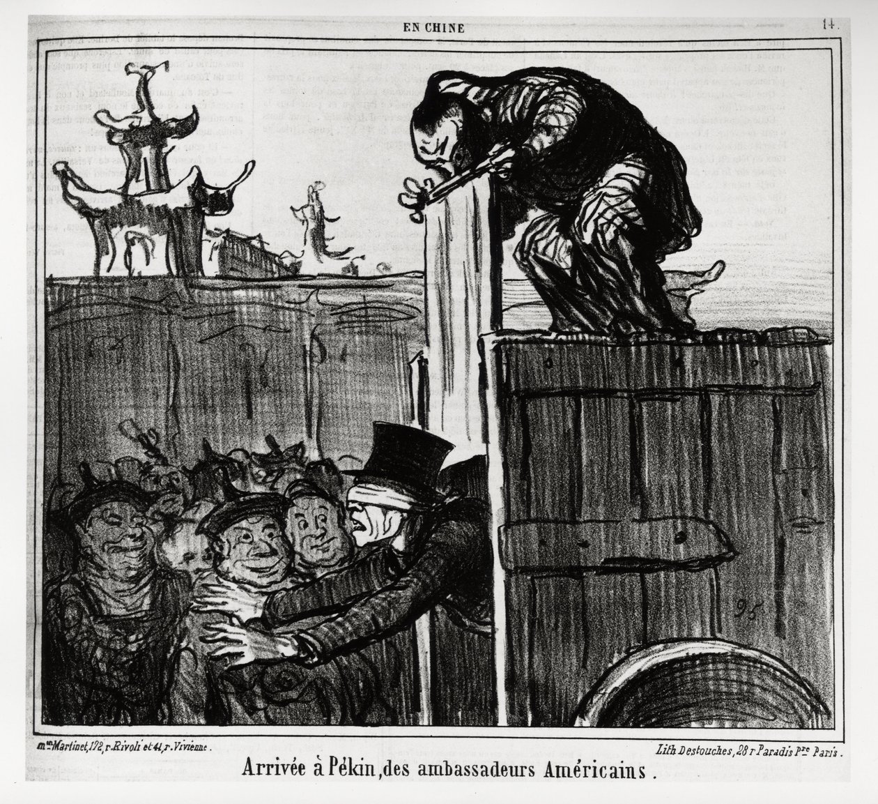 Ankom til Pekin af amerikanske ambassadører. I serie En Chine, illustration af Honore Daumier (1808-1879), udgivet i "" Charivari"", dateret 13. oktober 1859. af Honoré Daumier