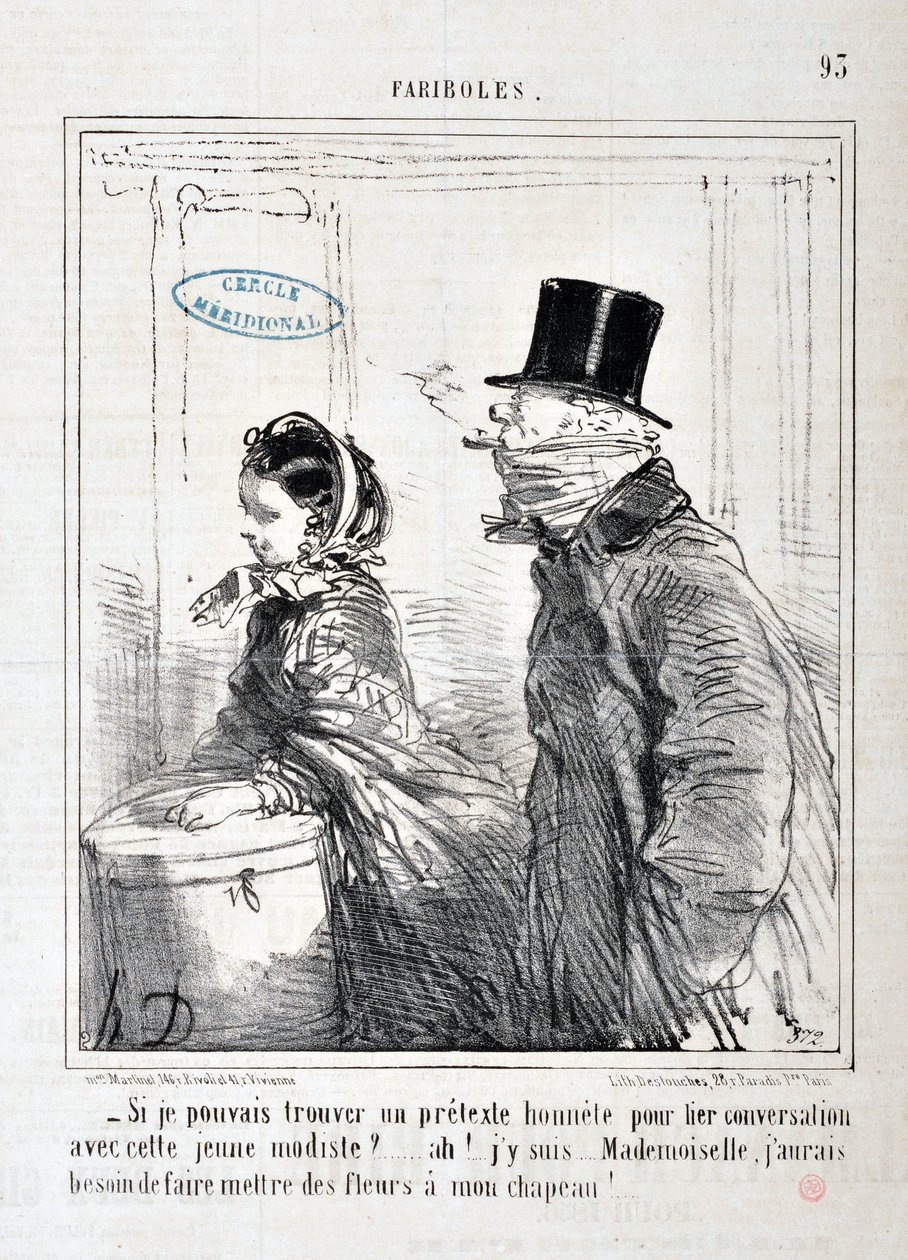 Kunstværk af Honore Daumier (1808-1879) Charivari: Serie FARIBOLES "" - Kunne du finde et ærligt påskud for at forbinde samtalen med denne unge model?... Ah! Jeg er her... frøken, jeg skal have blomster på min hat!” KUNSTMUSEET - PALACE LONGCHAMP, MARSEILL af Honoré Daumier