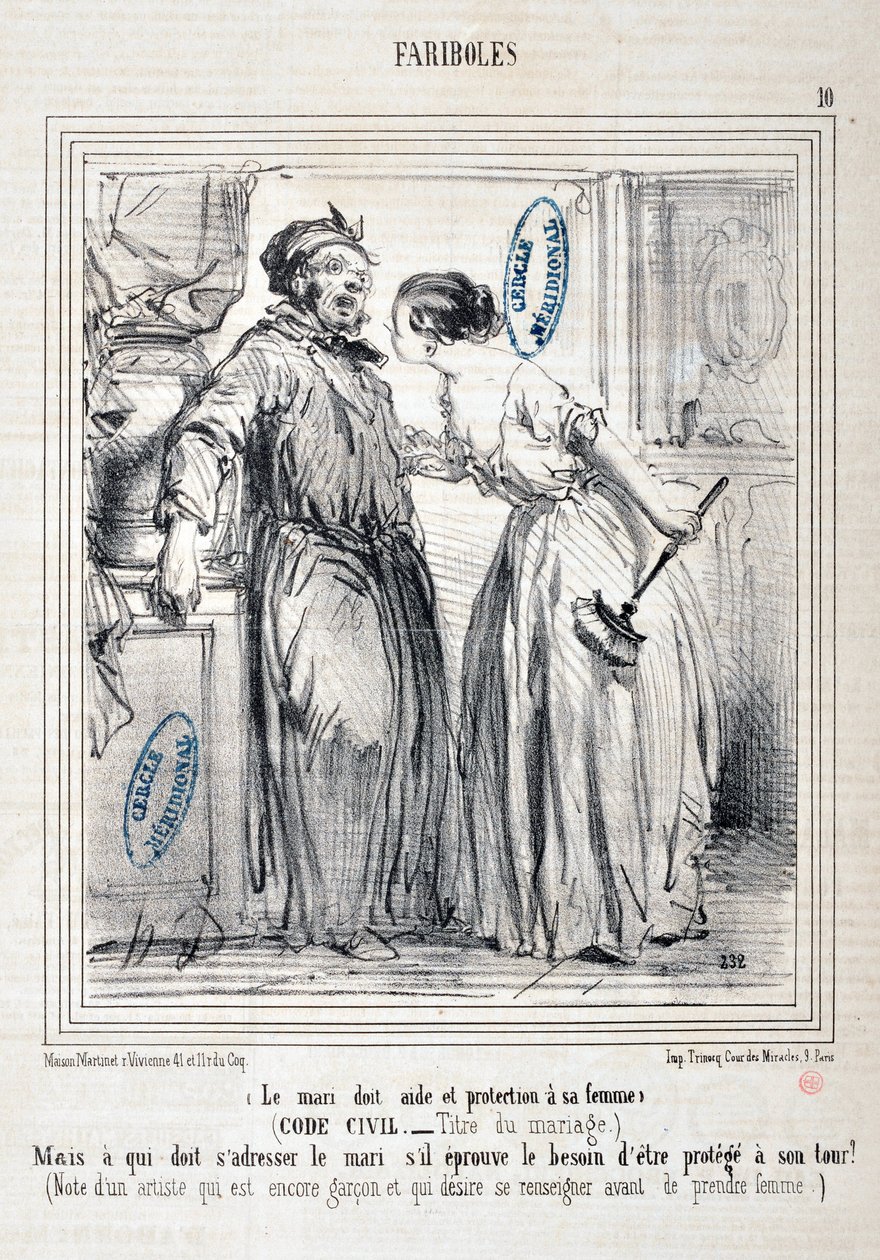 Kunstværk af Honore Daumier (1808-1879) Charivari: Serie FARIBOLES Le mari doit aide et protection a sa femme (Civil Code - Title du mariage) "" -Men hvem skal henvende sig til manden, hvis han føler behov for at blive beskyttet igen? (Note af en kunstner, af Honoré Daumier
