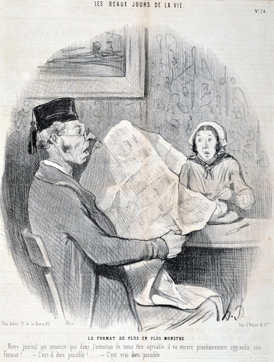 Kunstværk af Honore Daumier (1808-1879). Charivari: Serie LIVETS SKØNHED. Det stadig mere monsterformat "" -Vores avis, der annoncerer, at for at være imødekommende for dig, vil den snart øge sit format yderligere! er det muligt gud? "MUSE DES B af Honoré Daumier