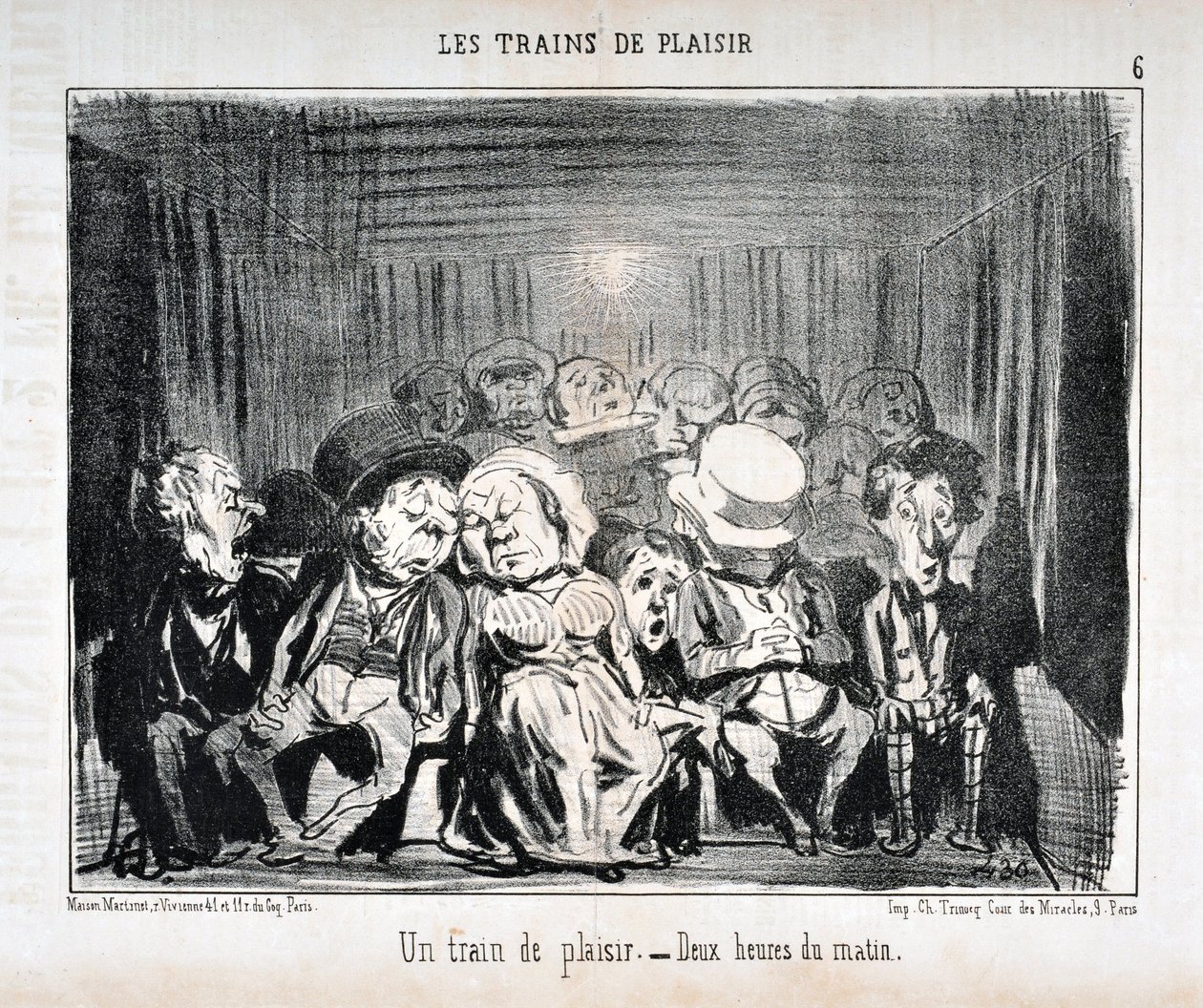 Kunstværk af Honore Daumier (1808-1879) Charivari-dato fra 1852: Serie LES TRAINS DE PLAISIR -Un train de plaisr. - Klokken to om morgenen. MUSEUM FOR DE FINE KUNST - PALACE LONGCHAMP, MARSEILLE af Honoré Daumier