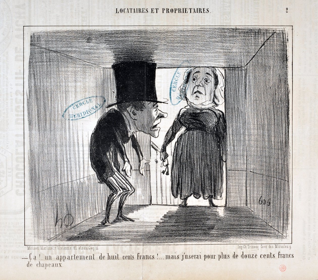 Kunstværk af Honore Daumier (1808-1879) Charivari stammer fra 1854: Serie TENNIQUES AND OWNERS "" Ca!... en lejlighed på otte hundrede francs!... men jeg vil bruge for mere end tolv hundrede francs hatte"" MUSEE DES BEAUX ARTS - PALAIS LONGCHAMP, MARSEILLE af Honoré Daumier