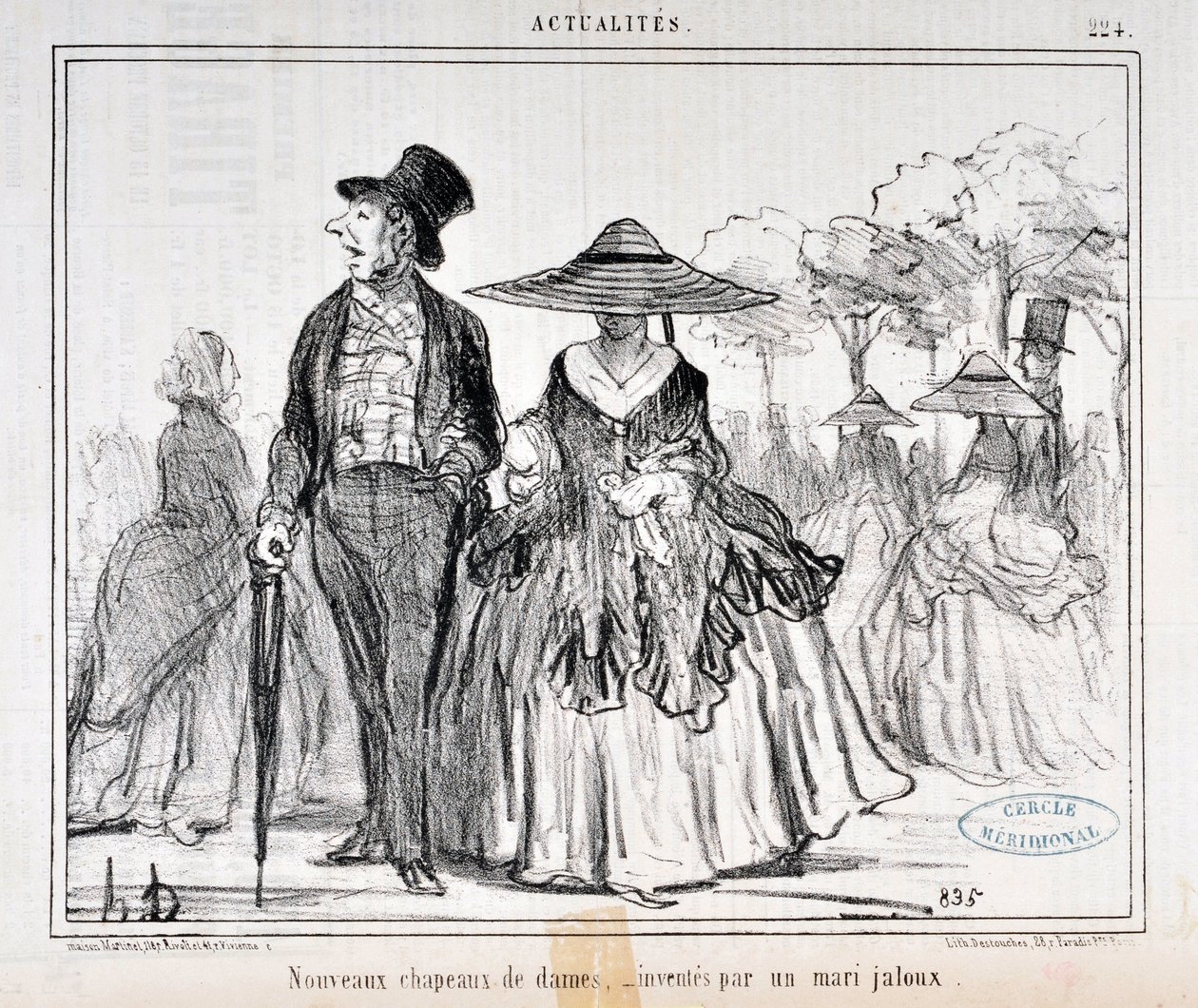 Kunstværk af Honore Daumier (1808-1879) Charivari stammer fra 1855: Serie Actualites "" Nye damehatte, opfundet af en jaloux mand "" MUSEE DES BEAUX ARTS - PALAIS LONGCHAMP, MARSEILLE af Honoré Daumier