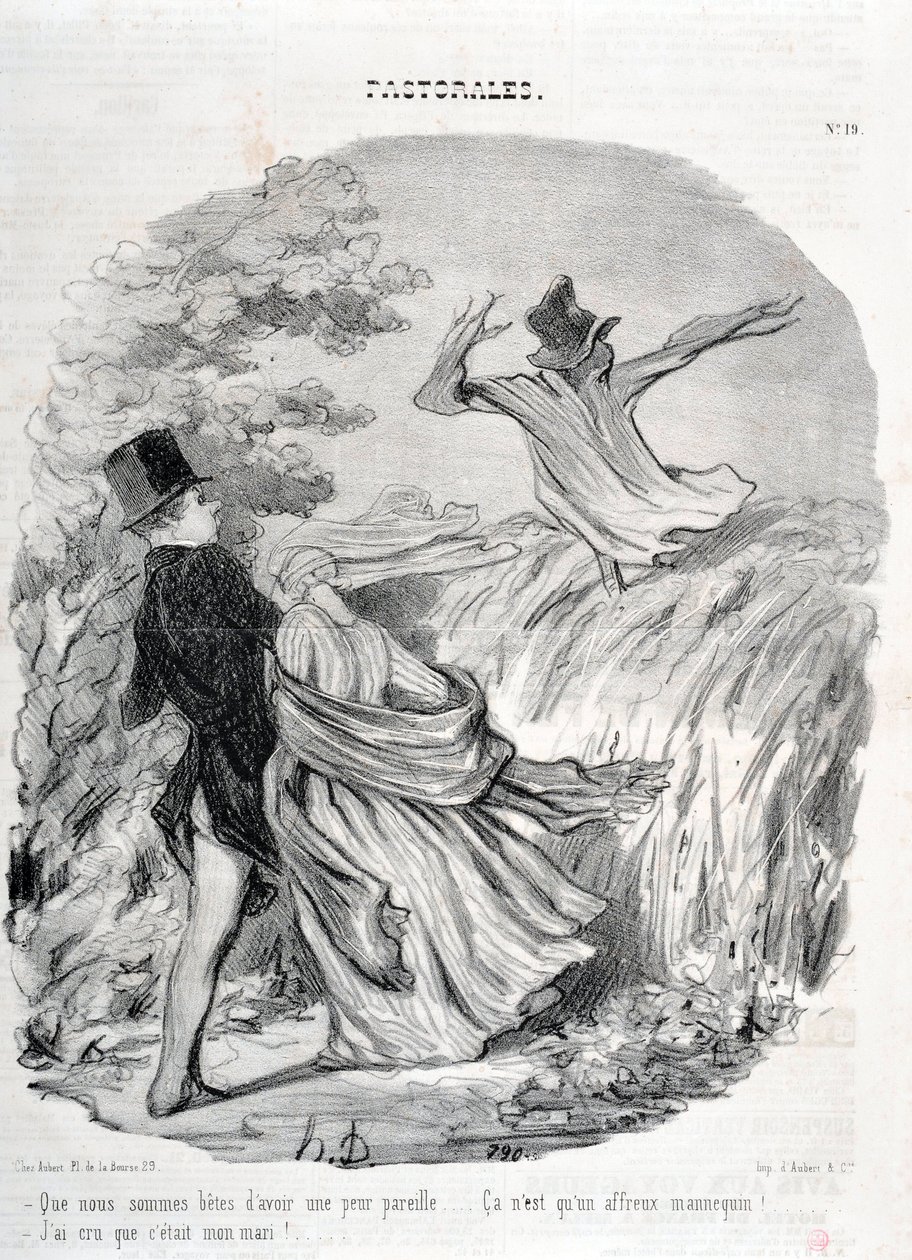 Kunstværk af Honore Daumier (1808-1879). Charivari går tilbage til 1845: Serie PASTORALES "" Hvor er vi gode til at have sådan en frygt... "Jeg troede, han var min mand!" KUNSTMUSEET - PALACE LONGCHAMP, MARSEILLE af Honoré Daumier