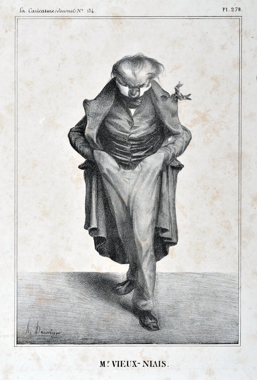 Kunstværk af Honore Daumier (1808-1879). Charivari stammer fra 1833: Serie Celebrites de la Caricature "M. Vieux-Niais" MUSEE DES BEAUX ARTS - PALAIS LONGCHAMP, MARSEILLE af Honoré Daumier