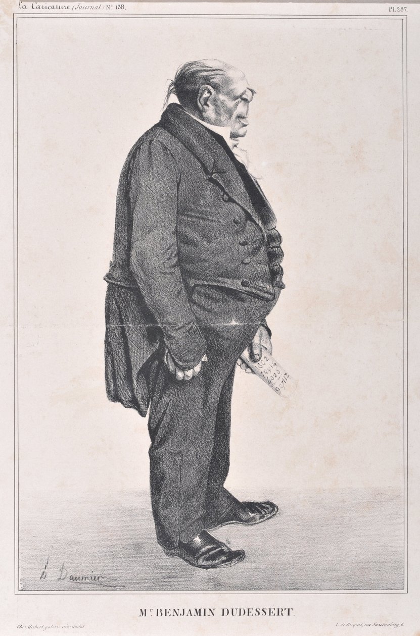 Kunstværk af Honore Daumier (1808-1879). Charivari stammer fra 1833: Caricature Celebrity Series “” M. Benjamin Dudessert ”” ”MUSEE DES BEAUX ARTS - PALAIS LONGCHAMP, MARSEILLE af Honoré Daumier