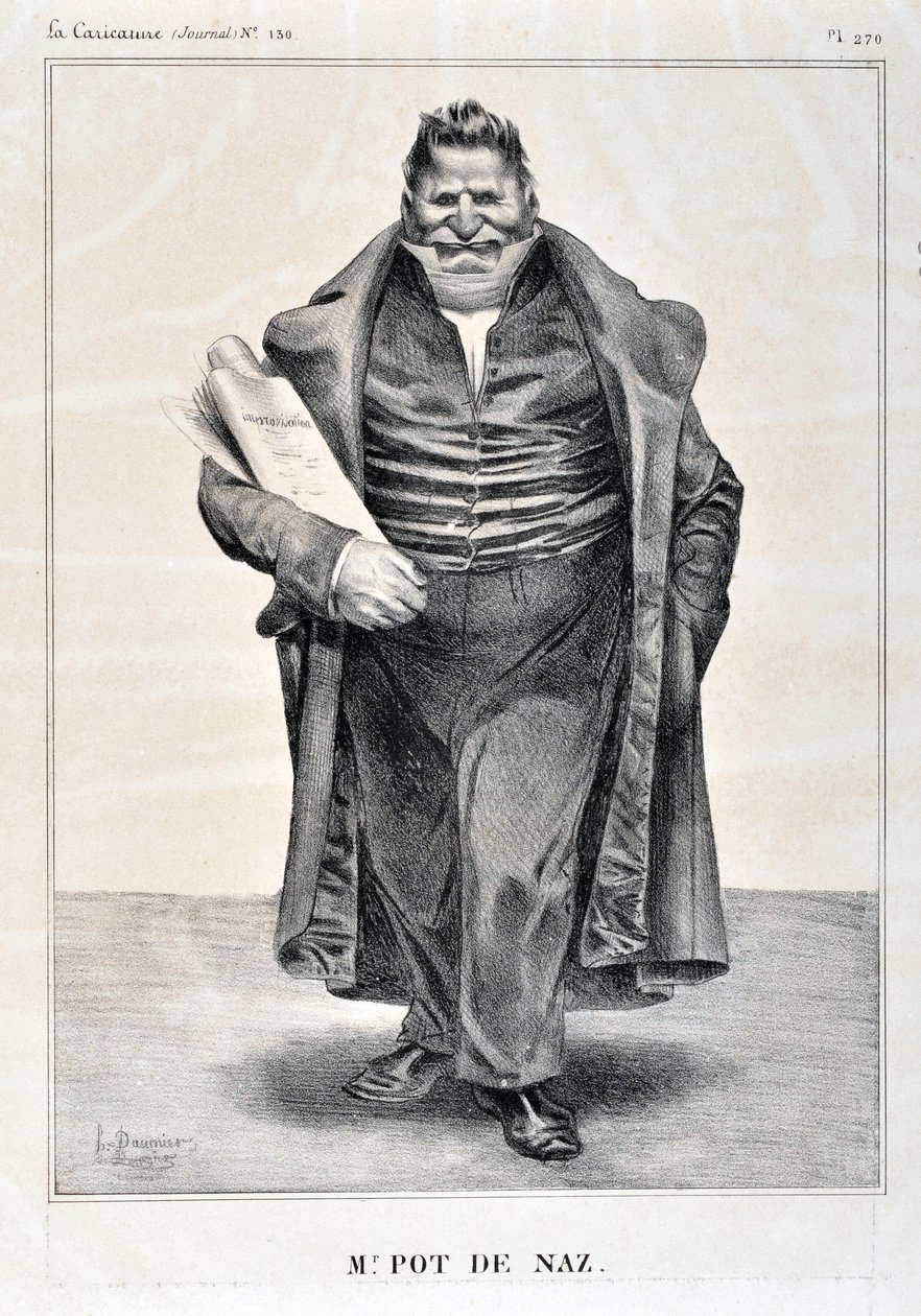 Kunstværk af Honore Daumier (1808-1879). Charivari stammer fra 1833: Serie Celebrites de la Caricature "M.Pot de Naz" MUSEE DES BEAUX ARTS - PALAIS LONGCHAMP, MARSEILLE af Honoré Daumier