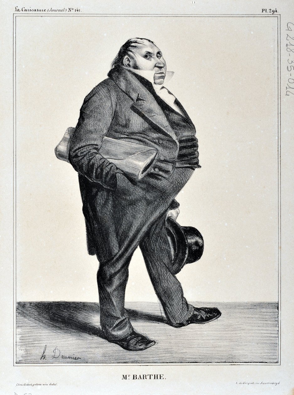 Kunstværk af Honore Daumier (1808-1879). Charivari stammer fra 1833: Serie Celebrites de la Caricature "" M. Barthe"" KUNSTMUSEUM - PALAIS LONGCHAMP, MARSEILLE af Honoré Daumier