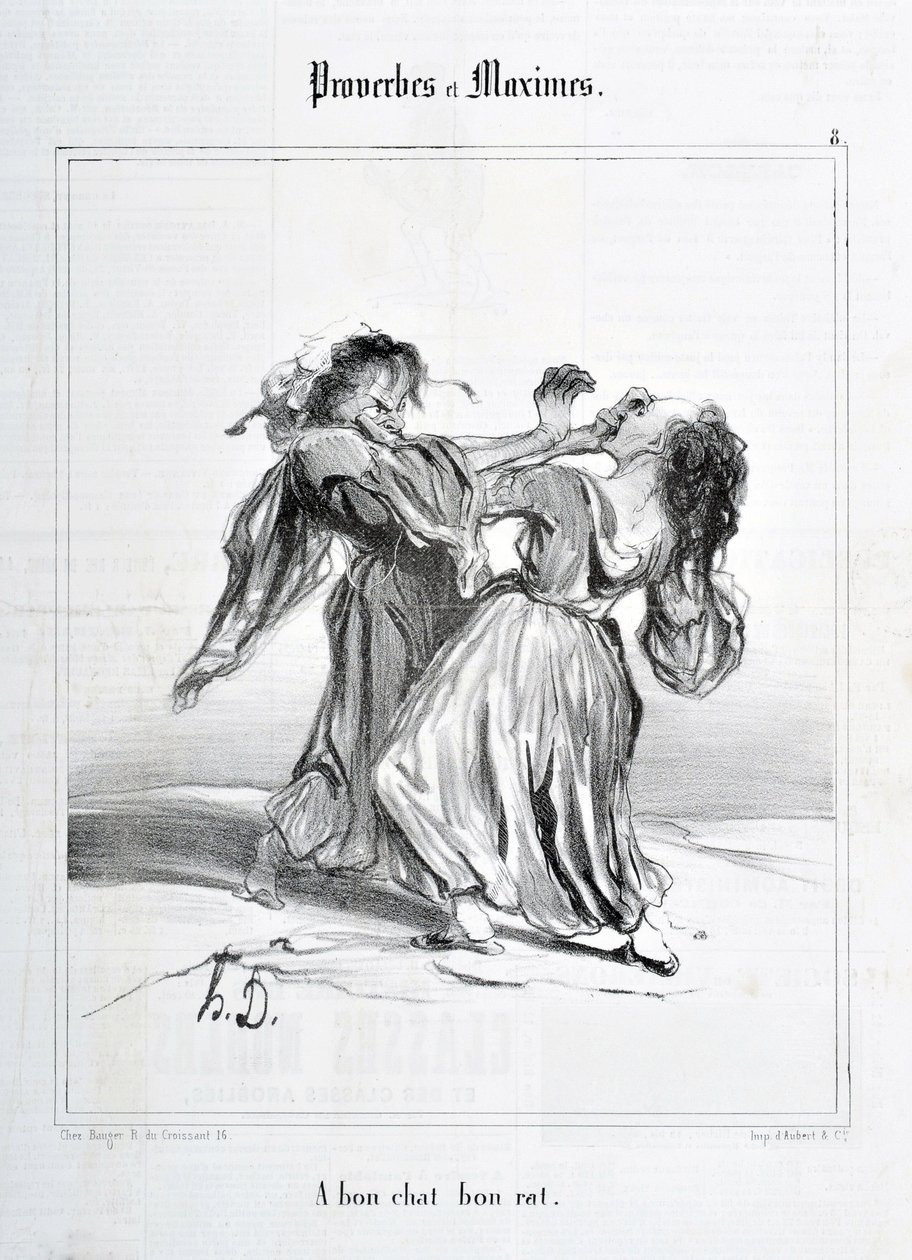 Kunstværk af Honore Daumier (1808-1879). Charivari stammer fra 1840: serien Ordsprog og maksimum "A bon cat bon rat"" KUNSTMUSEET - PALAIS LONGCHAMP, MARSEILLE af Honoré Daumier