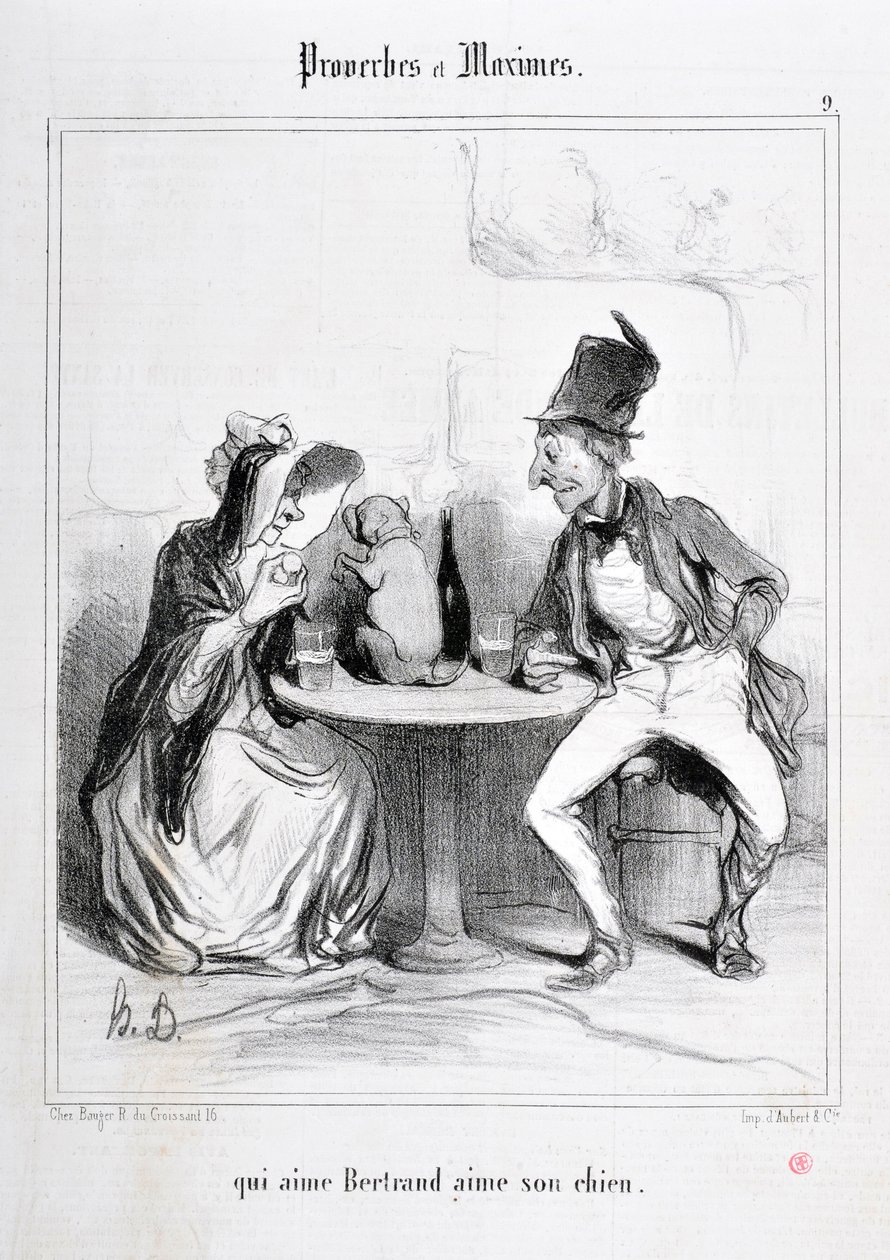 Kunstværk af Honore Daumier (1808-1879). Charivari stammer fra 1840: Serie PROVERBS ET MAXIMES "" der elsker Bertrand elsker sin hund "" MUSEE DES BEAUX ARTS - PALAIS LONGCHAMP, MARSEILLE af Honoré Daumier